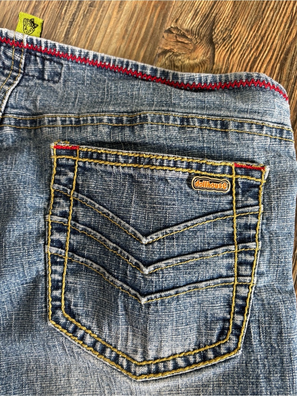 *READ Y2K Dollhouse Button-Fly Bandless Waist Jeans Juniors 7/8 Blue Red Stitch